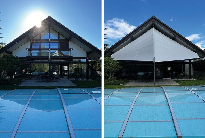 Haus im Hinterhof mit grauem Sonnensegel. GFS Sonnensegel Terrasse individuelle Anfertigung.